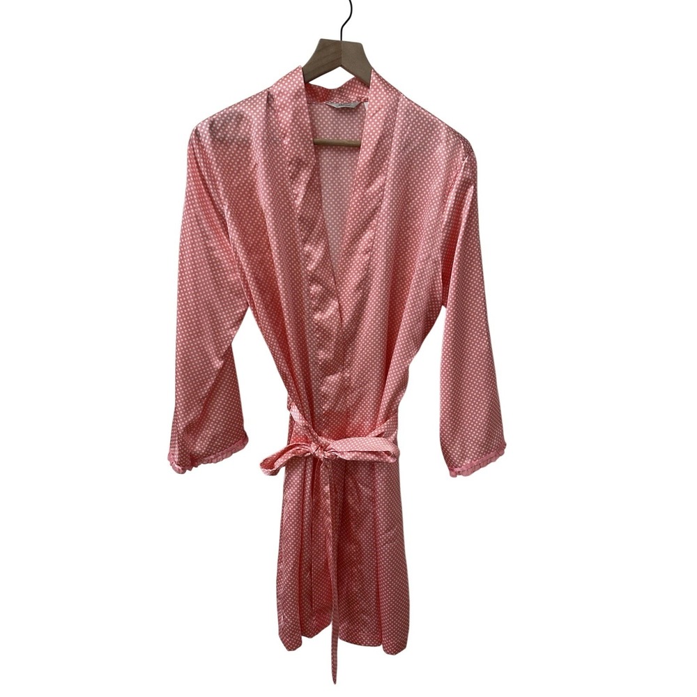 Adonna Robe Size Medium Pink White Polka Dot Ruffle Trim Satin Loungewear